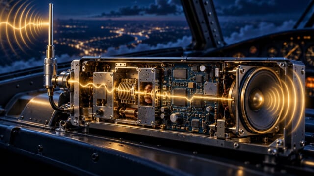 航空無線の受信機は何をしている？を表現した航空学習用イラスト