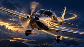 プロペラ機の左旋回傾向を表現した航空学習用イラスト