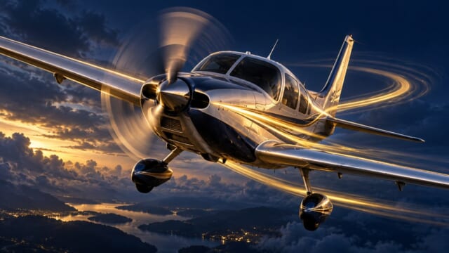プロペラ機の左旋回傾向を表現した航空学習用イラスト