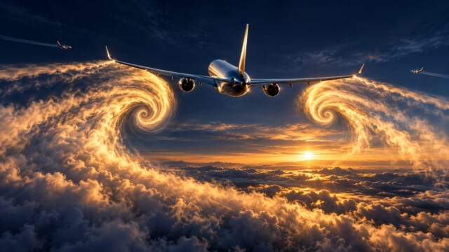 後方乱気流を避ける考え方を表現した航空学習用イラスト