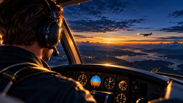 空中衝突を防ぐ見張りを表現した航空学習用イラスト