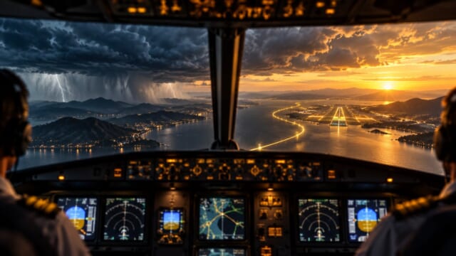 ダイバートの計画と判断を表現した航空学習用イラスト