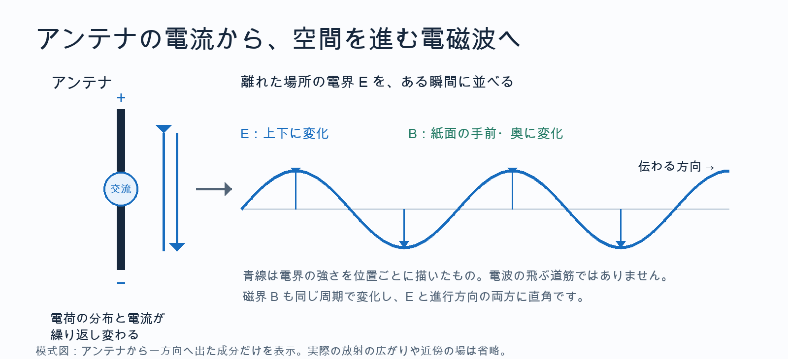 交流を受けるアンテナ内では電荷の分布と電流が繰り返し変わる。アンテナから離れた場所では電界が上下、磁界が紙面の手前と奥に変化し、その変化が右へ伝わる。青い正弦波は各地点の電界を並べたグラフで、電波の飛ぶ道筋ではない。